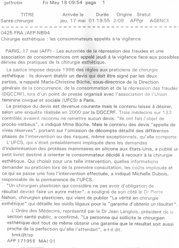communiqué de l'AFP sur la chirurgie esthétique